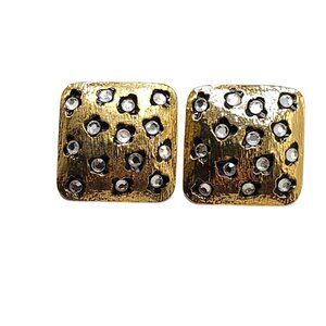 Craft Textured Clear Rhinestone Leopard Square Clip Earrings Gold Tone Vintage